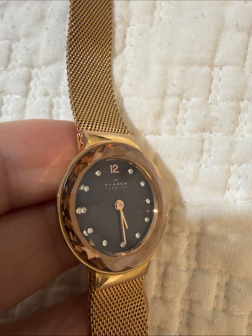 Skagen Rose Gold Mesh Watch With Black Dial And Crystal Markers